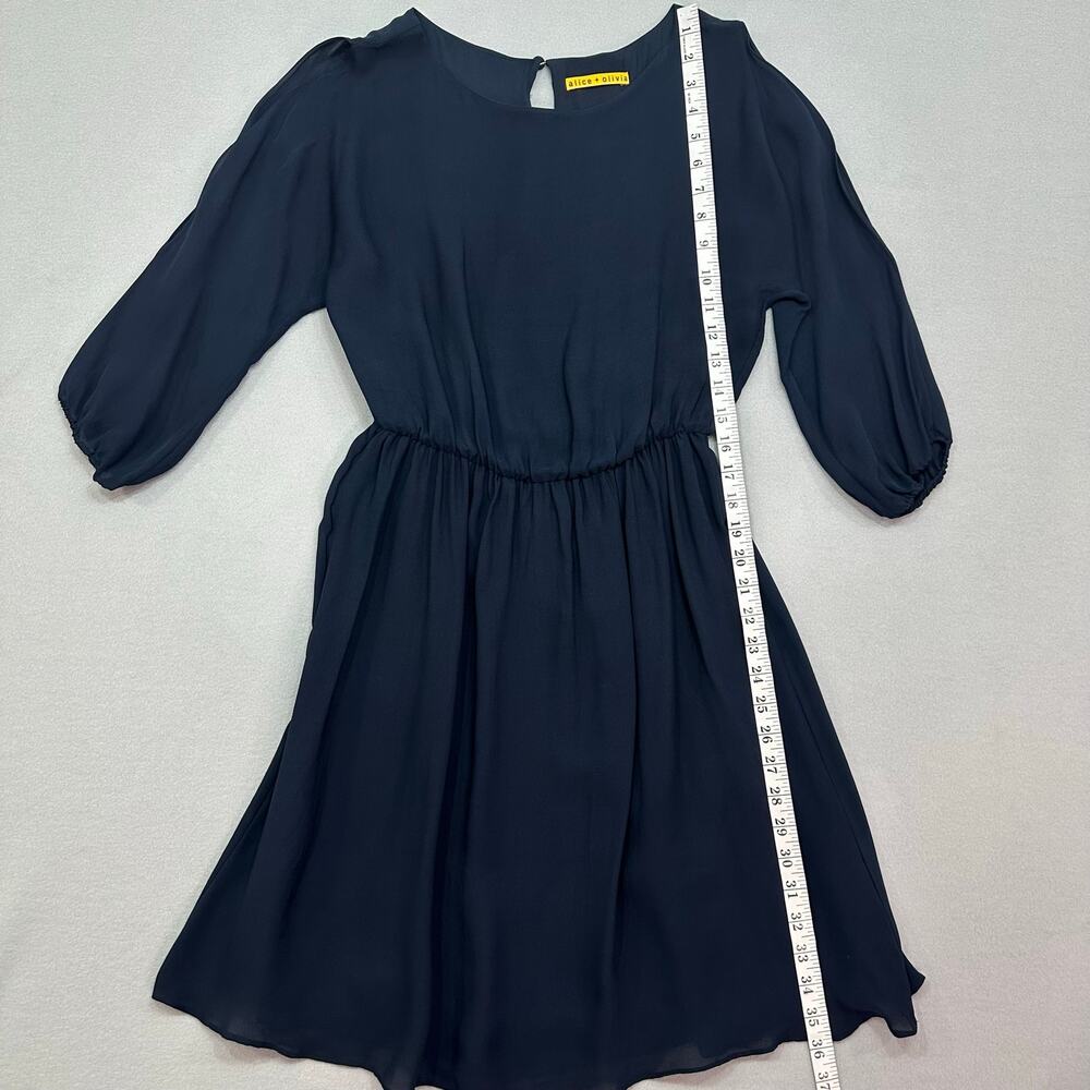 Alice + Olivia Navy Blue 100% Silk Cold Shoulder Long Sleeve Mini Dress Size S - Picture 8 of 12